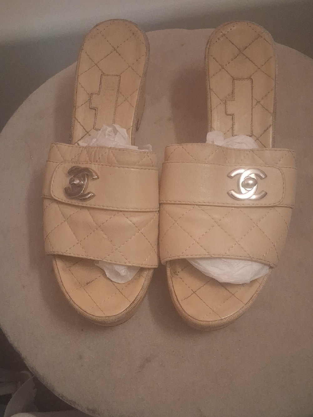 AUTHENTIC CHANEL Beige Quilted Leather Slide Sandals with Silver Logo Accent 39